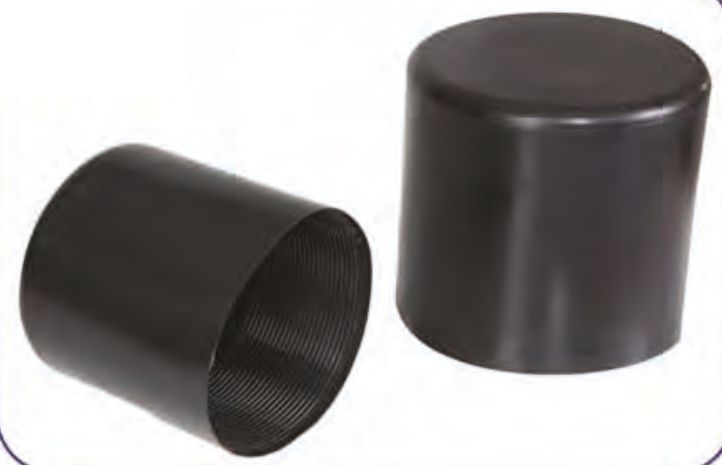 Two black heat shrink dock pile caps as supplied, one showing the adhesive lining inside