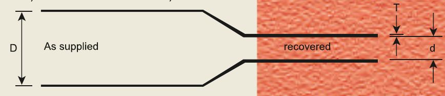 Dimension drawing of GRT red insulation tube: the tube as supplied with internal diameter D, and after free recovery with internal diameter d and wall thickness T.