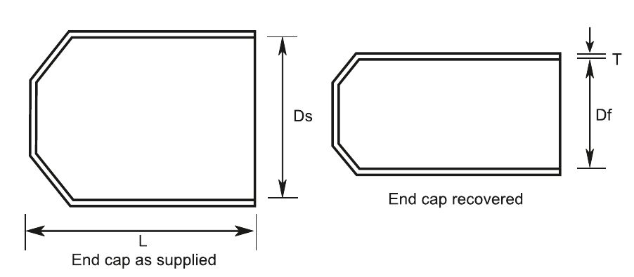 Outline of the bushing cap as supplied (inside diameter Ds, length L) and recovered (inside diameter Df, wall T)