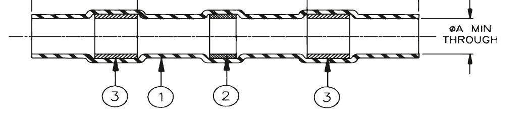 Section drawing of a solder sleeve with its minimum through-bore ØA and numbered parts: 1 polyolefin heat shrinkable sleeve, 2 tin solder ring, 3 thermoplastic heat shrinkable rings at both ends